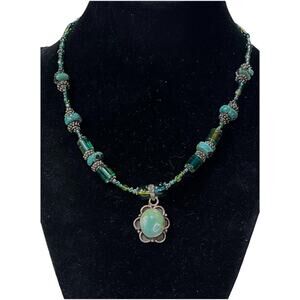 VTG 925 Sterling Silver Green Chalcedony Pendant & Beaded Turquoise Necklace 26g